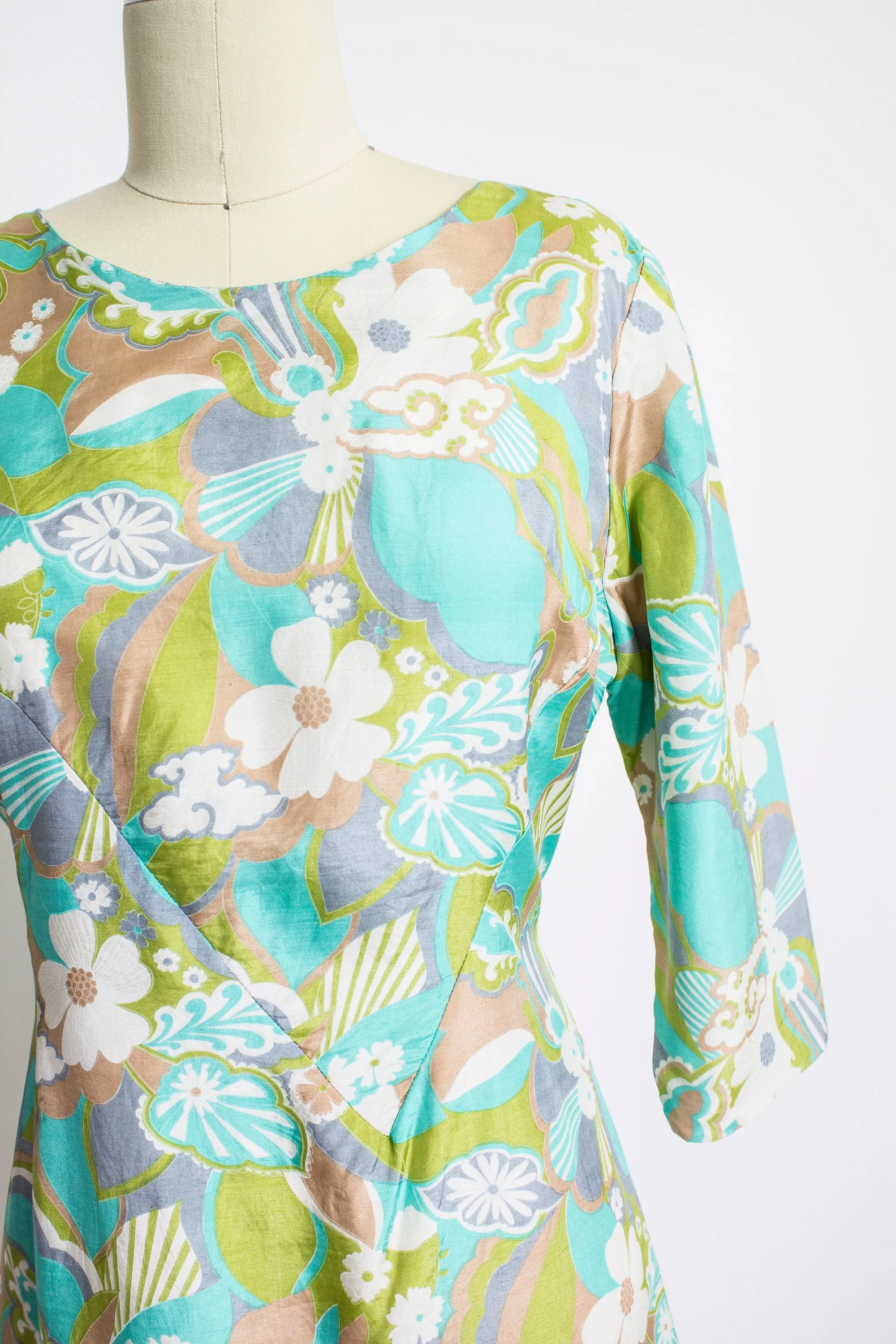 1960s Dress Pastel Floral Silk A-Line Day M