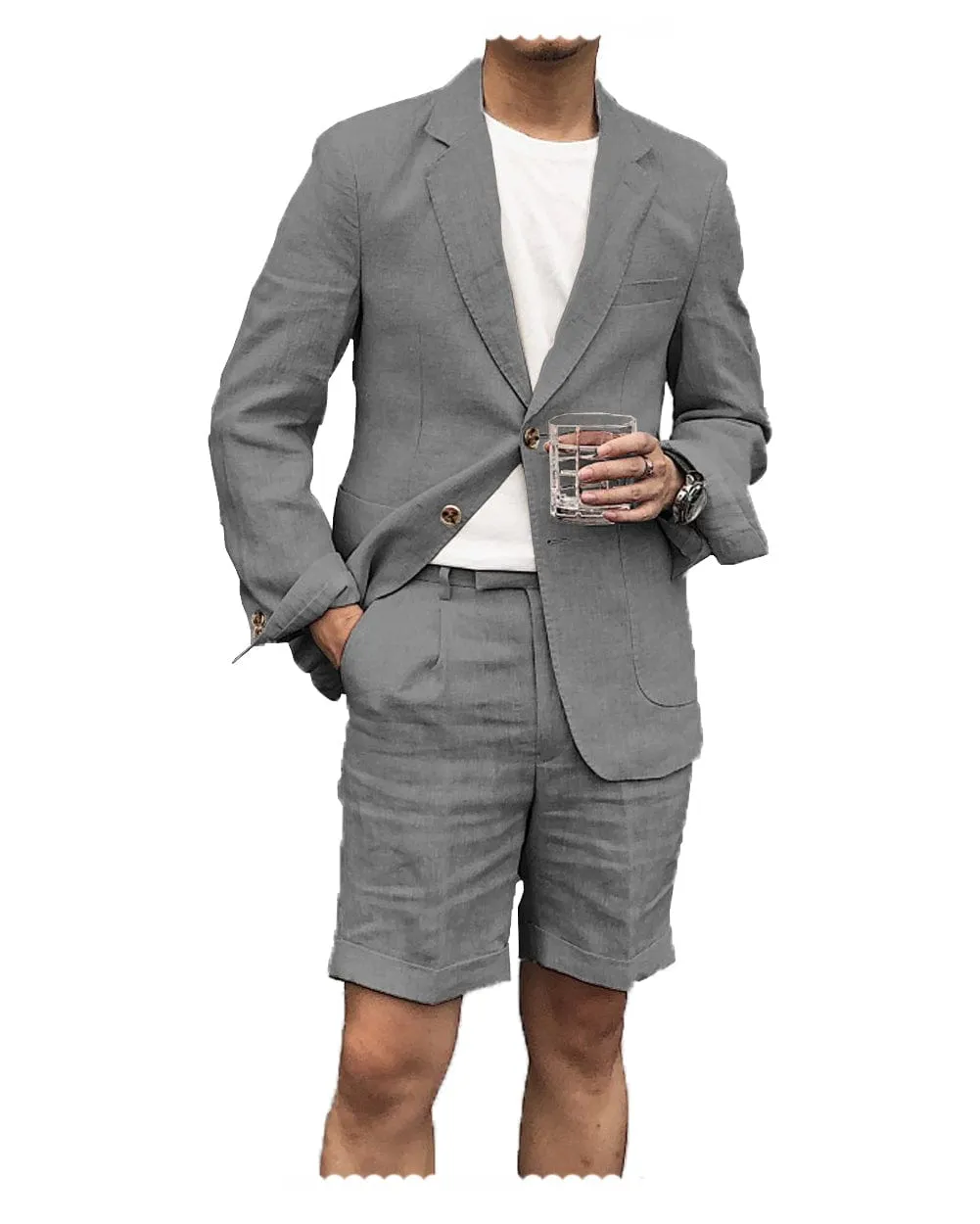 2 Pieces Casual Mens Suit Regular Fit Linen(Blazer   Shorts)