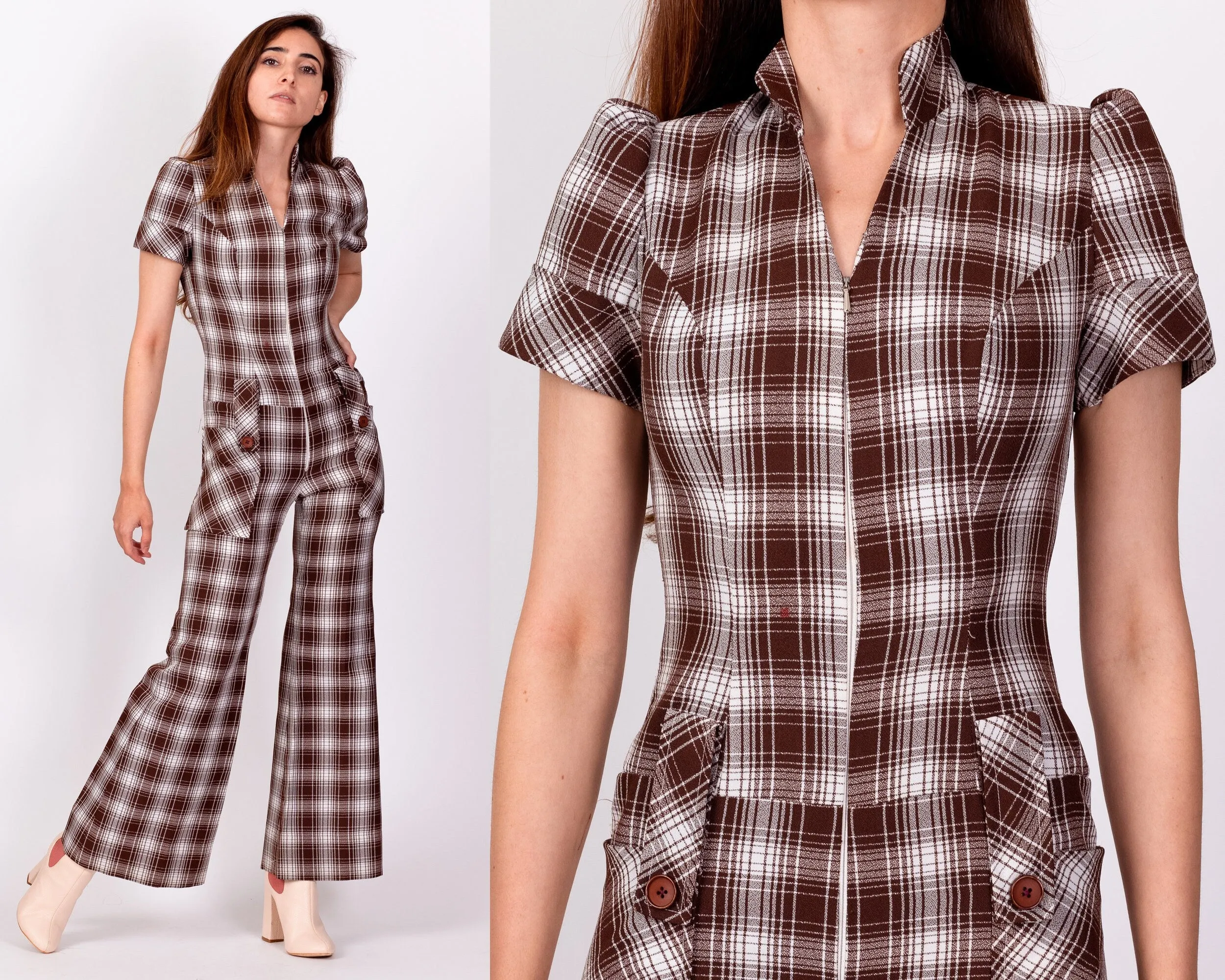 70s Plaid Flared Leg Jumpsuit - Petite XS