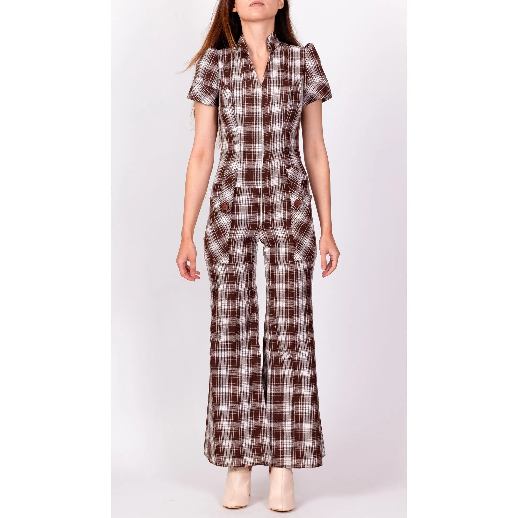 70s Plaid Flared Leg Jumpsuit - Petite XS