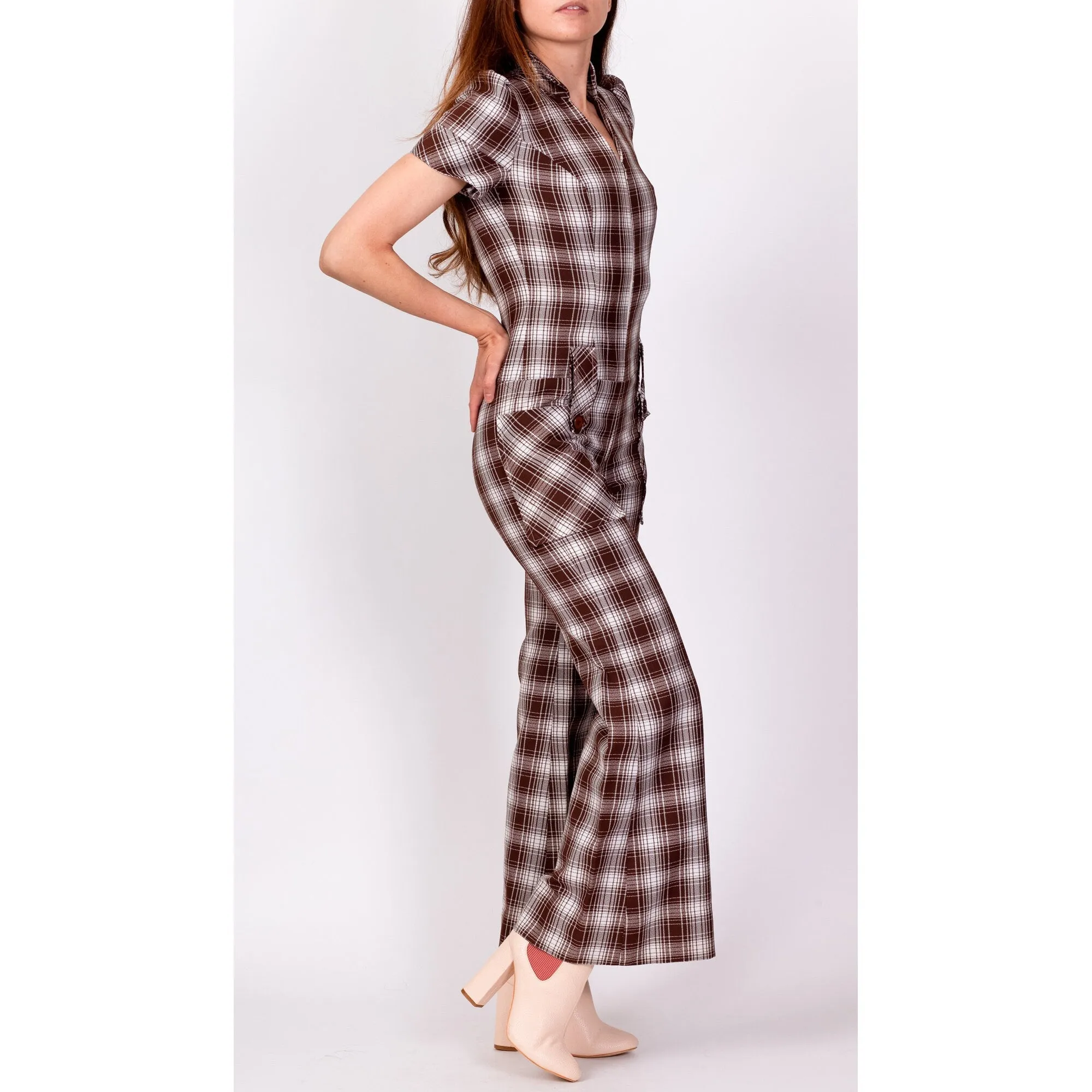 70s Plaid Flared Leg Jumpsuit - Petite XS