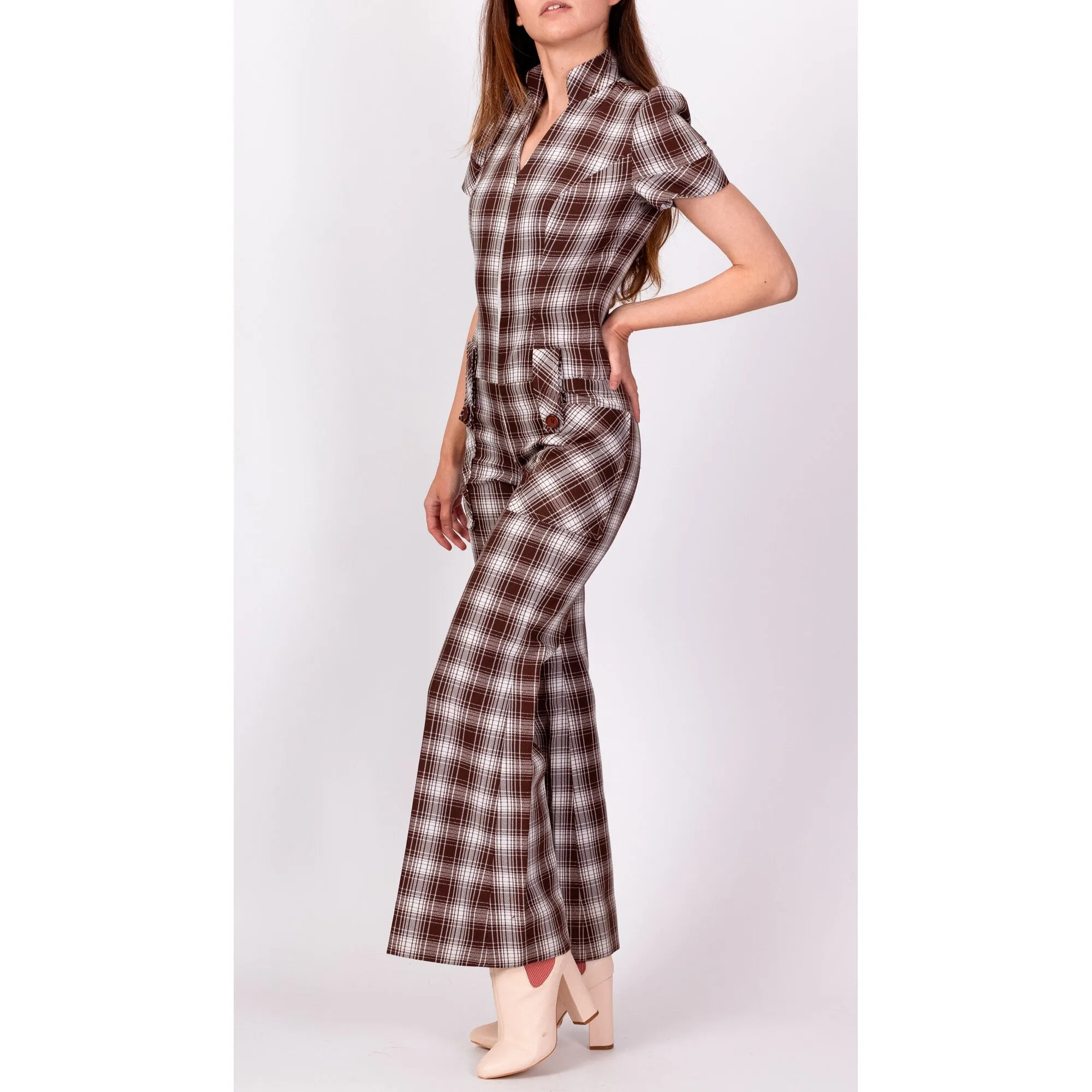 70s Plaid Flared Leg Jumpsuit - Petite XS