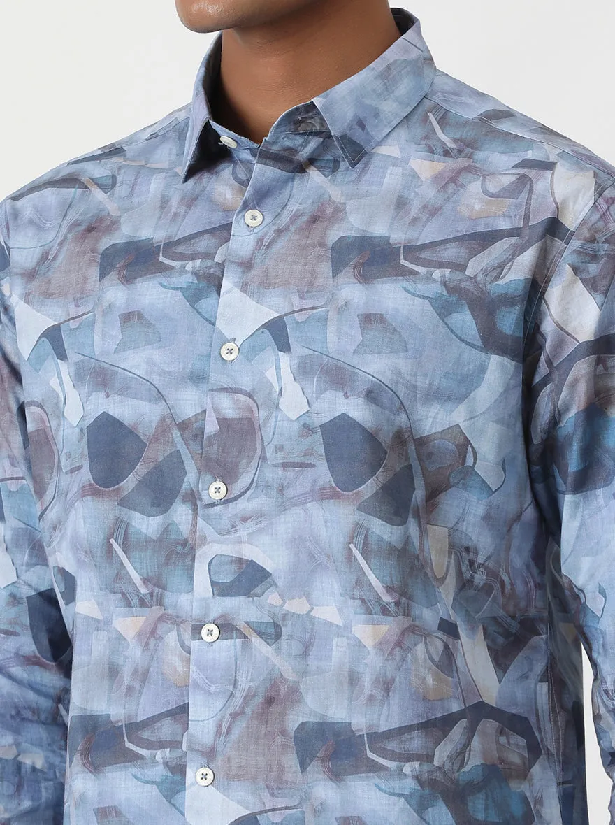 Aqua Blue Printed Slim Fit Casual Shirt | Greenfibre