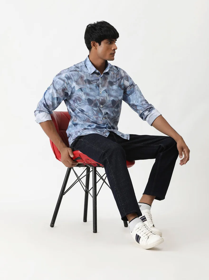 Aqua Blue Printed Slim Fit Casual Shirt | Greenfibre