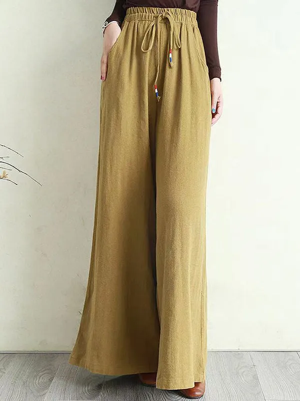 Artistic Ramie Cotton Drawstring Elasticity Loose Wide-Leg Pants