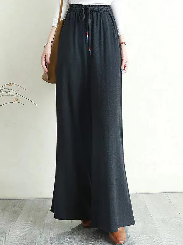 Artistic Ramie Cotton Drawstring Elasticity Loose Wide-Leg Pants