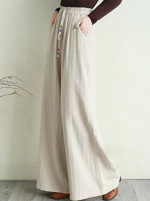 Artistic Ramie Cotton Drawstring Elasticity Loose Wide-Leg Pants