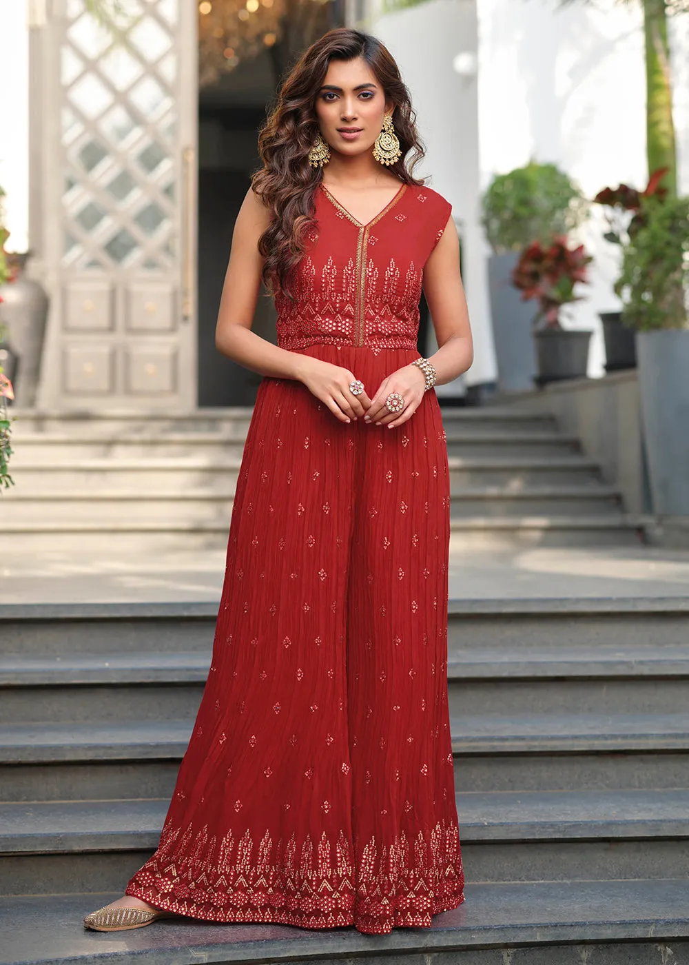 Beautiful Red Indo-Western Embroidered Chinon Jumpsuit