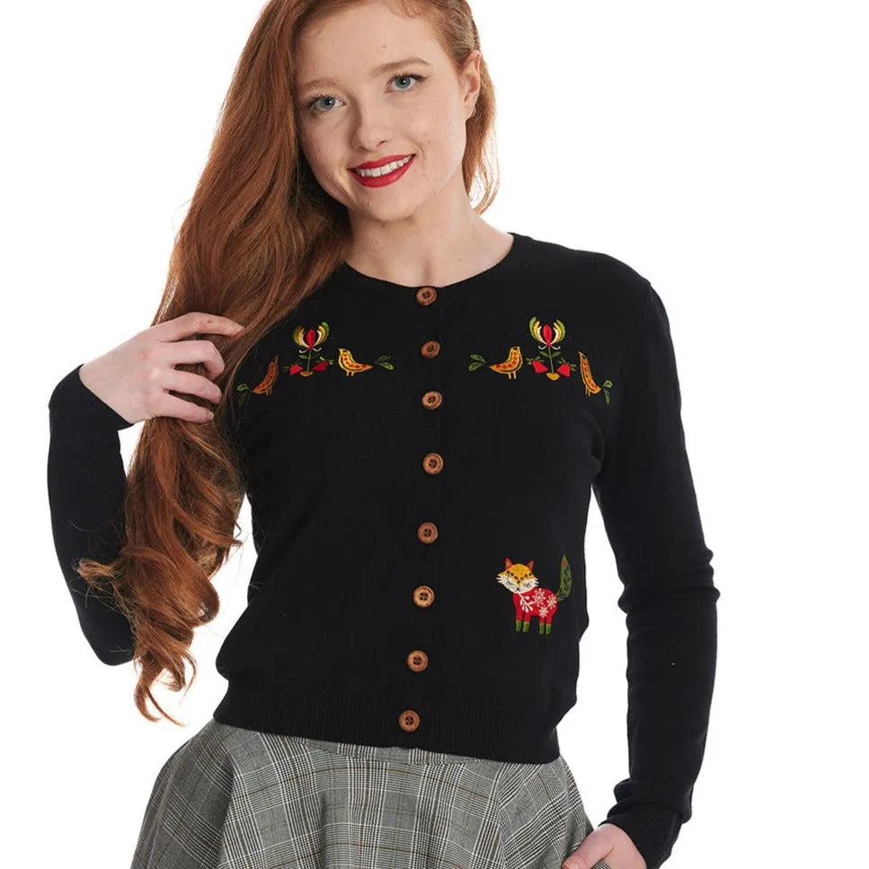 Black 3/4 Sleeve Fox Bird Embroidered Cardigan