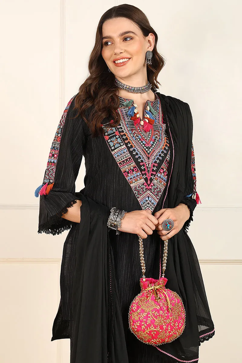 Black Cotton Embroidered Straight Suit Set