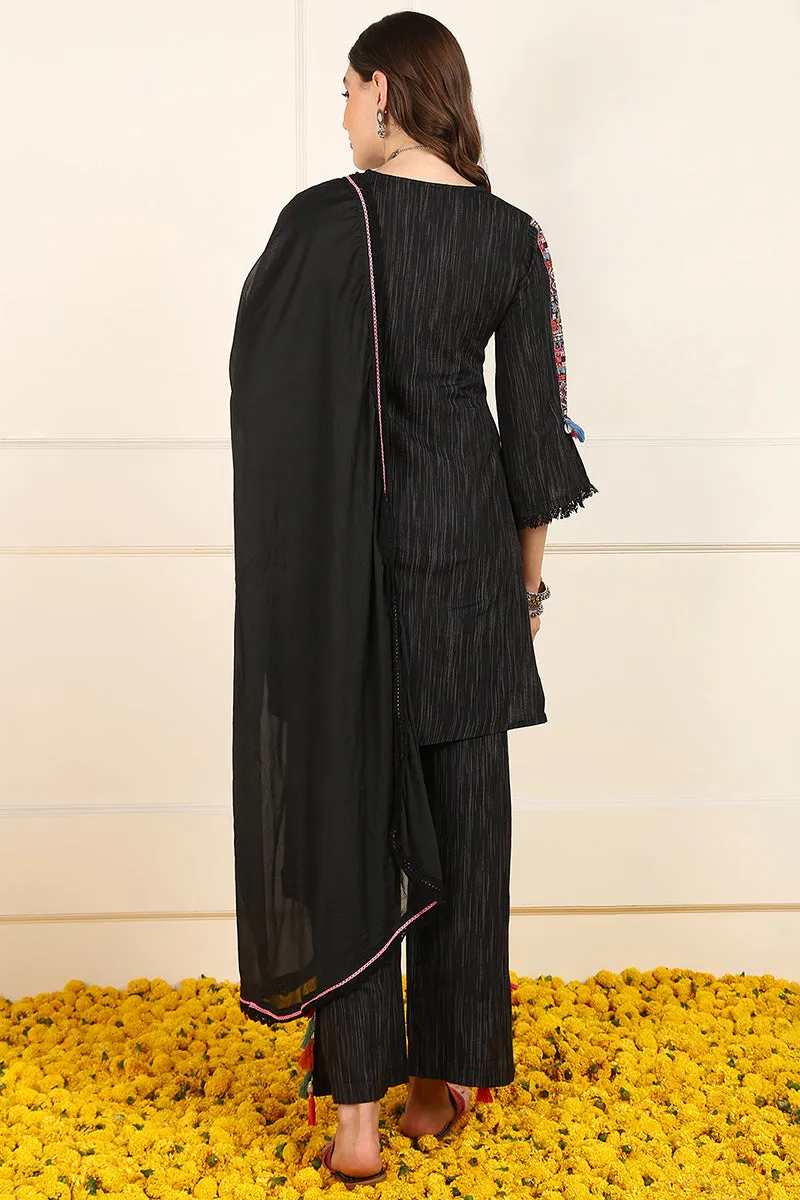 Black Cotton Embroidered Straight Suit Set