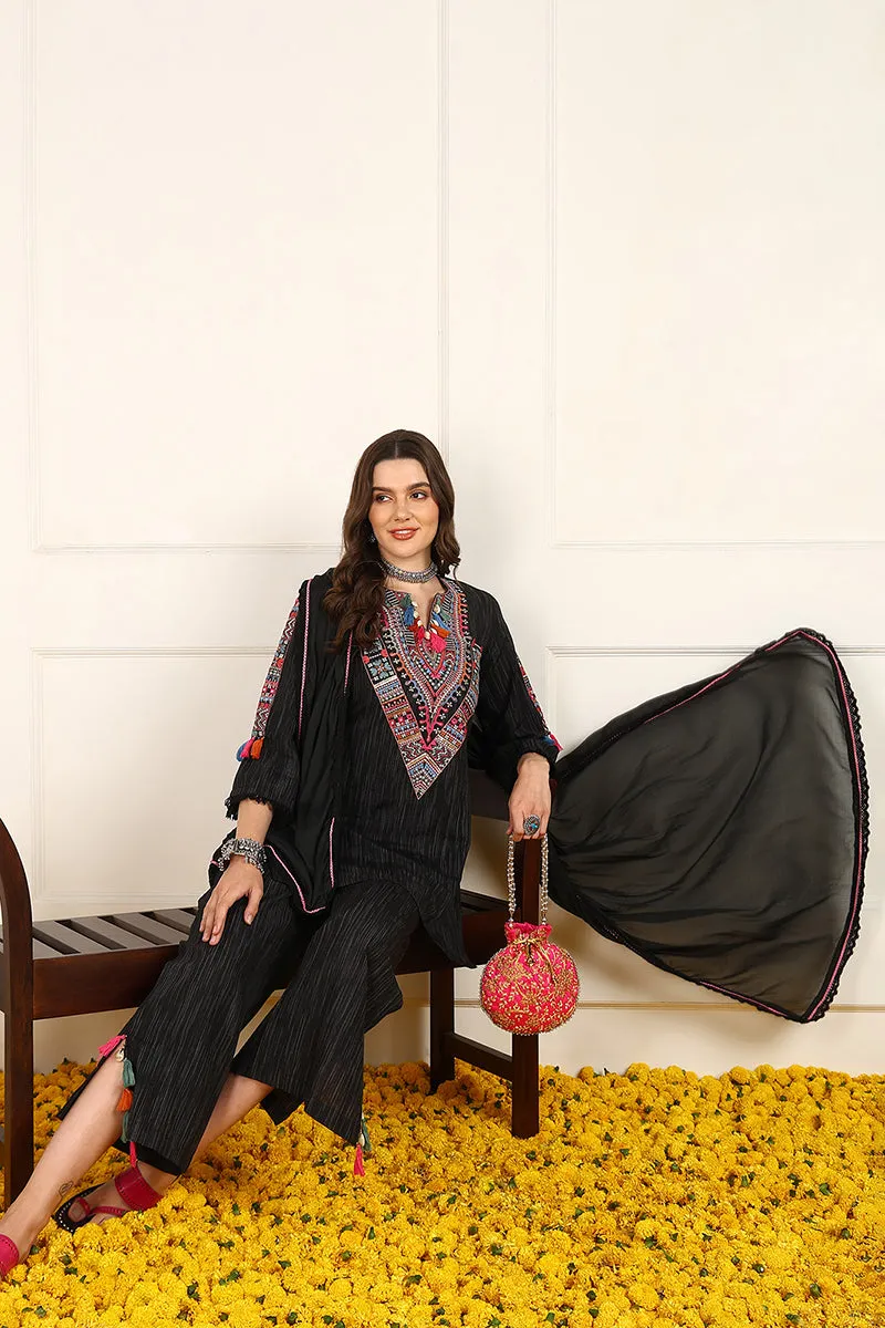 Black Cotton Embroidered Straight Suit Set