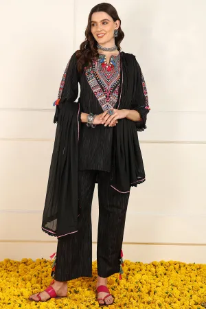 Black Cotton Embroidered Straight Suit Set