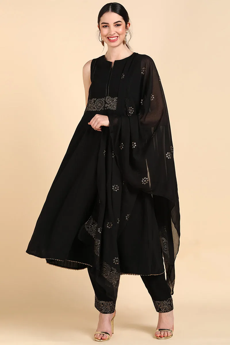 Black Poly Silk Anarkali Suit Set