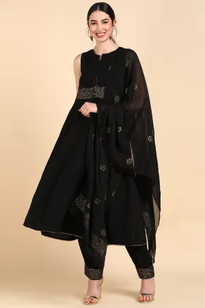 Black Poly Silk Anarkali Suit Set