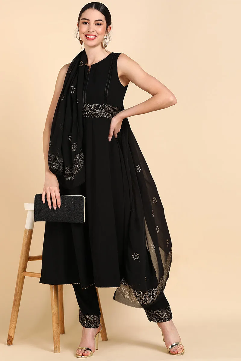 Black Poly Silk Anarkali Suit Set