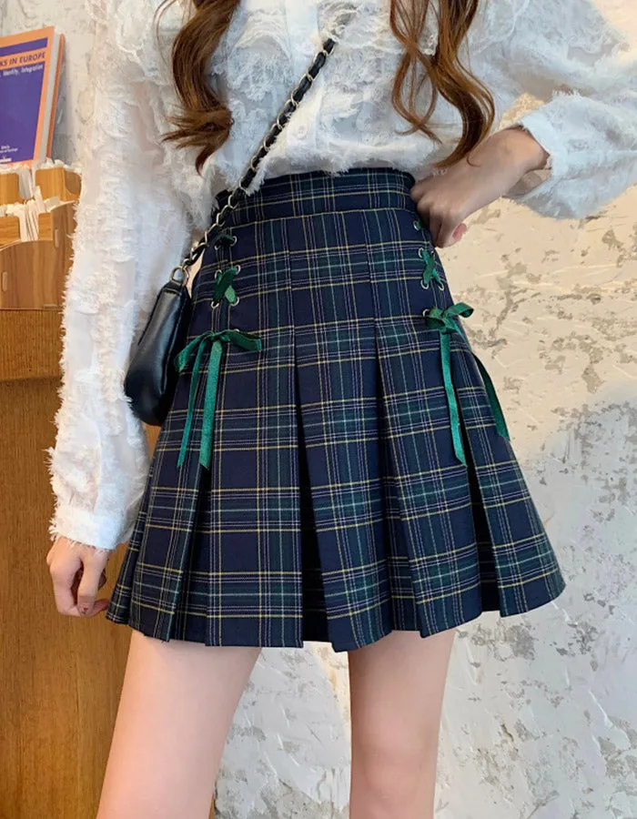 Blue A line plaid pleated skirt  3496