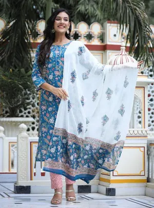 Blue Floral Printed Cotton Suit Set