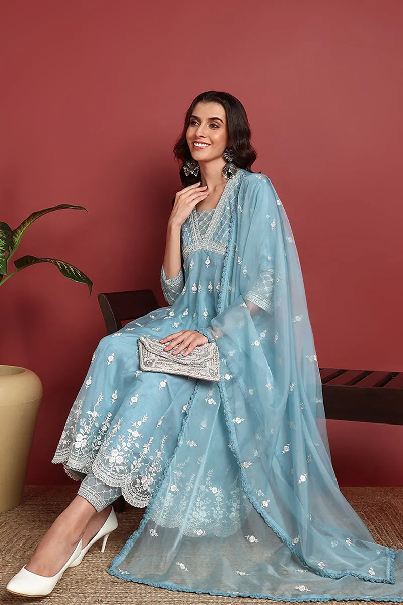 Blue Organza Solid Embroidered Anarkali Suit Set