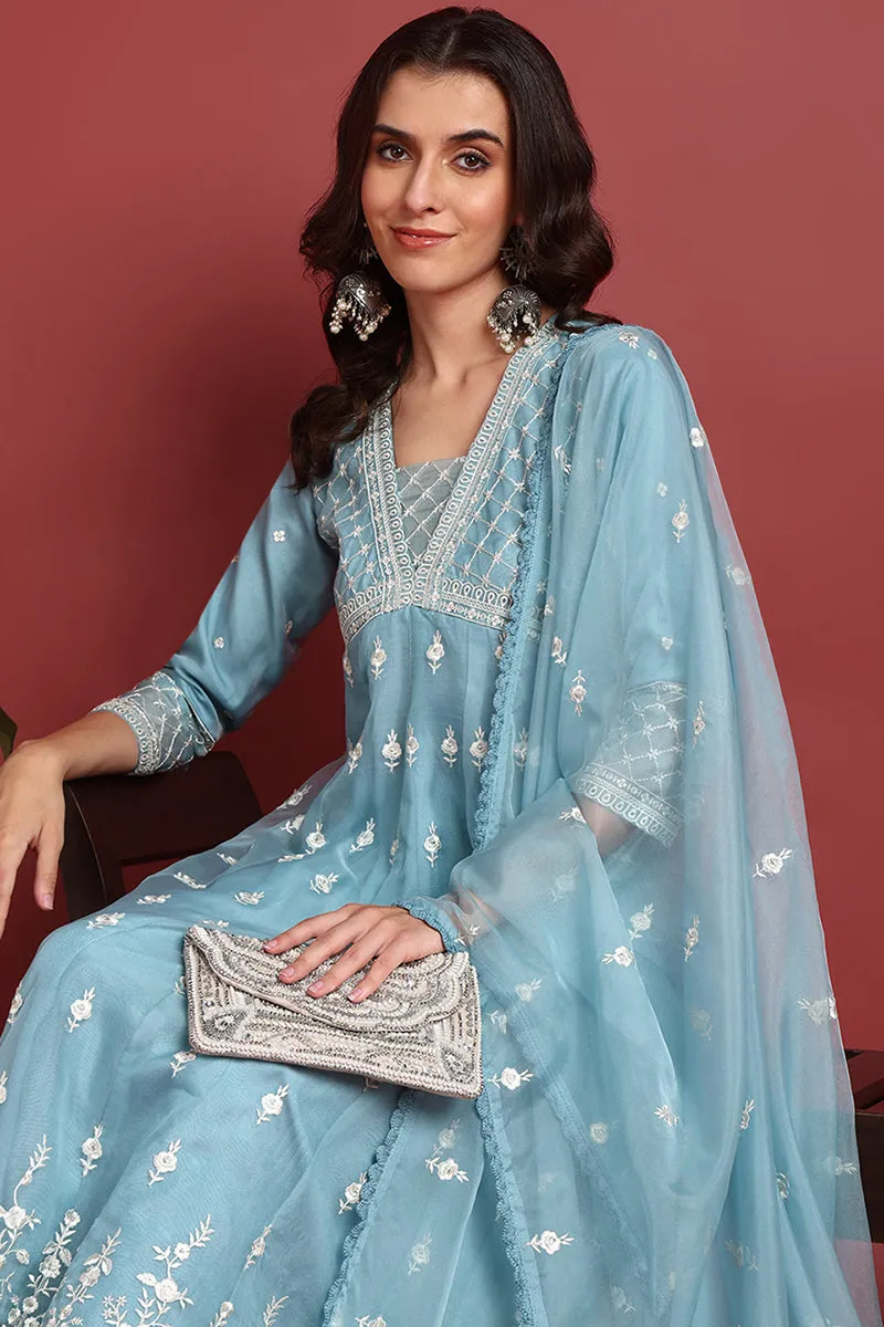 Blue Organza Solid Embroidered Anarkali Suit Set