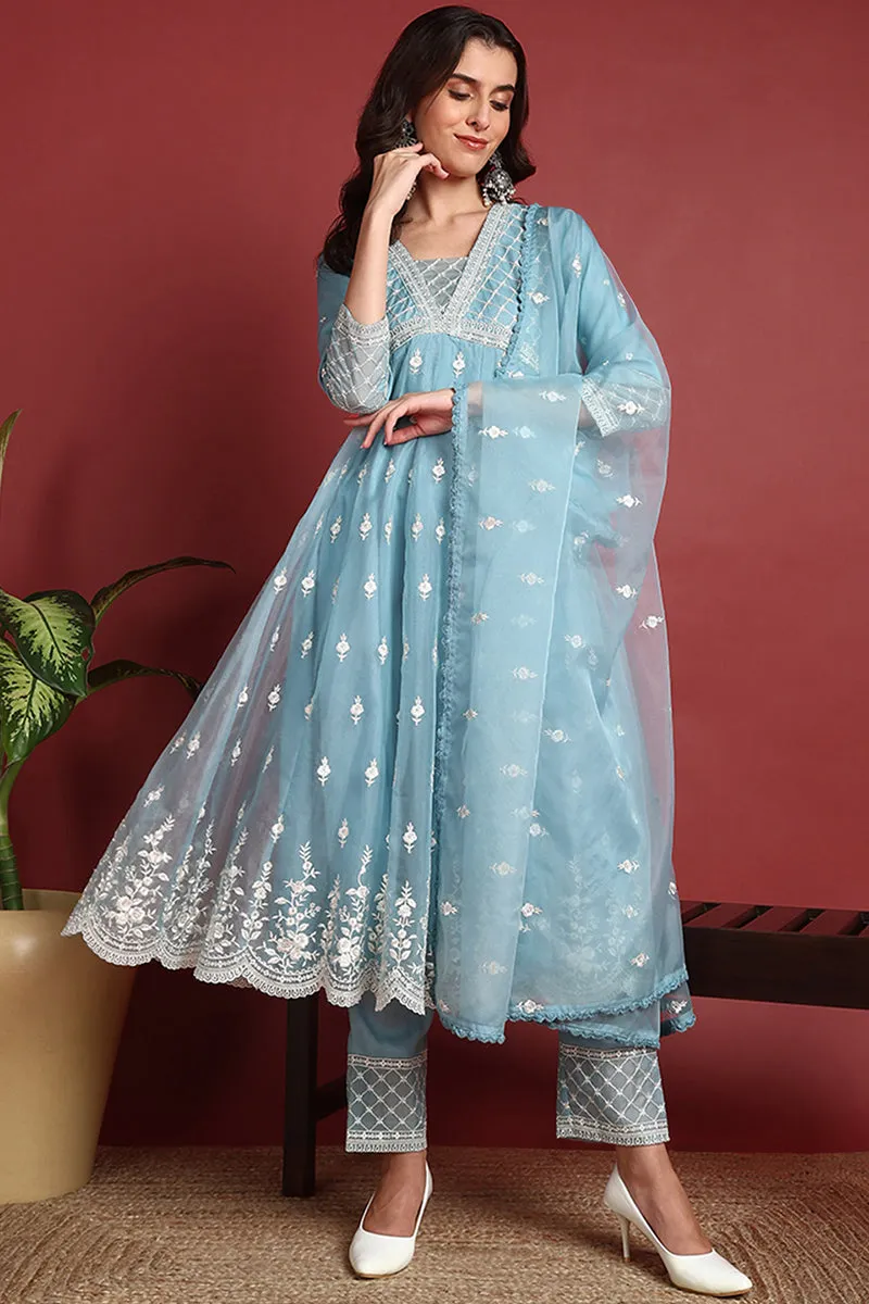 Blue Organza Solid Embroidered Anarkali Suit Set