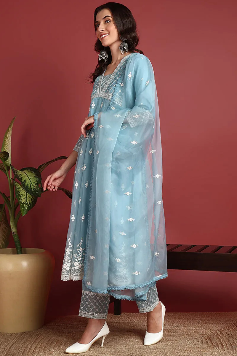 Blue Organza Solid Embroidered Anarkali Suit Set