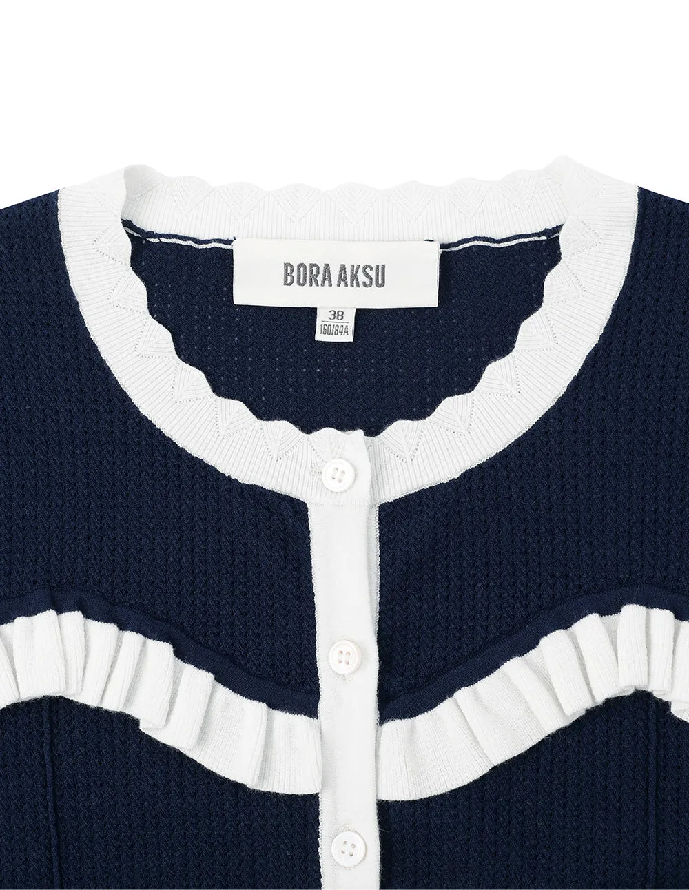 BORA AKSU Blue And White Colour-Block Ruffled Half-Sleeve Knitted Cardigan