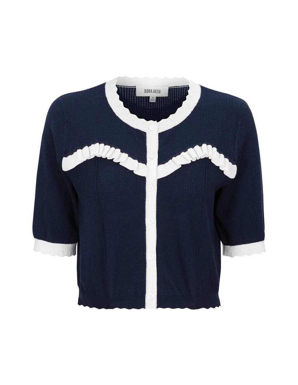 BORA AKSU Blue And White Colour-Block Ruffled Half-Sleeve Knitted Cardigan