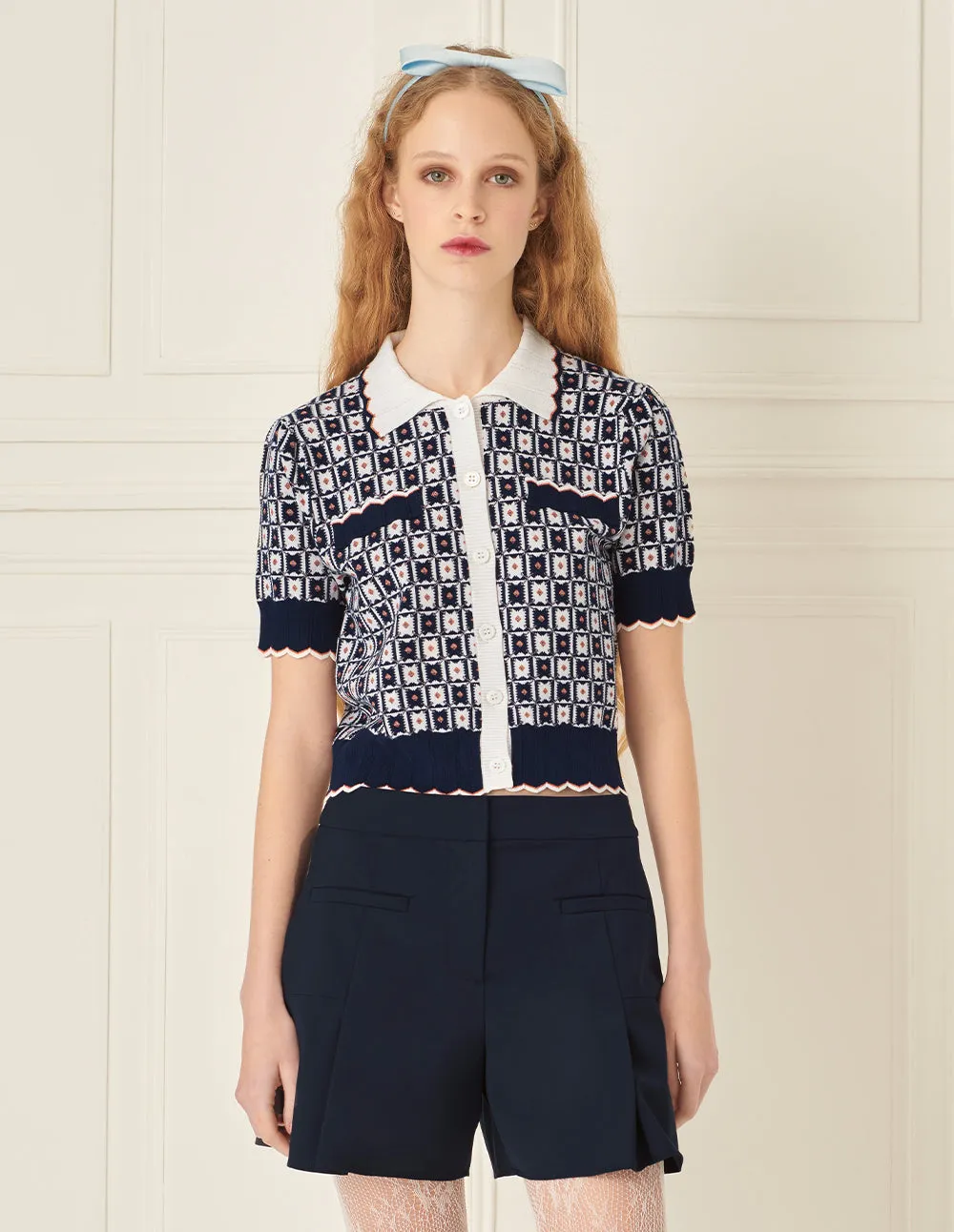 BORA AKSU Retro Geometric Lapel Short-Sleeved Knitted Cardigan