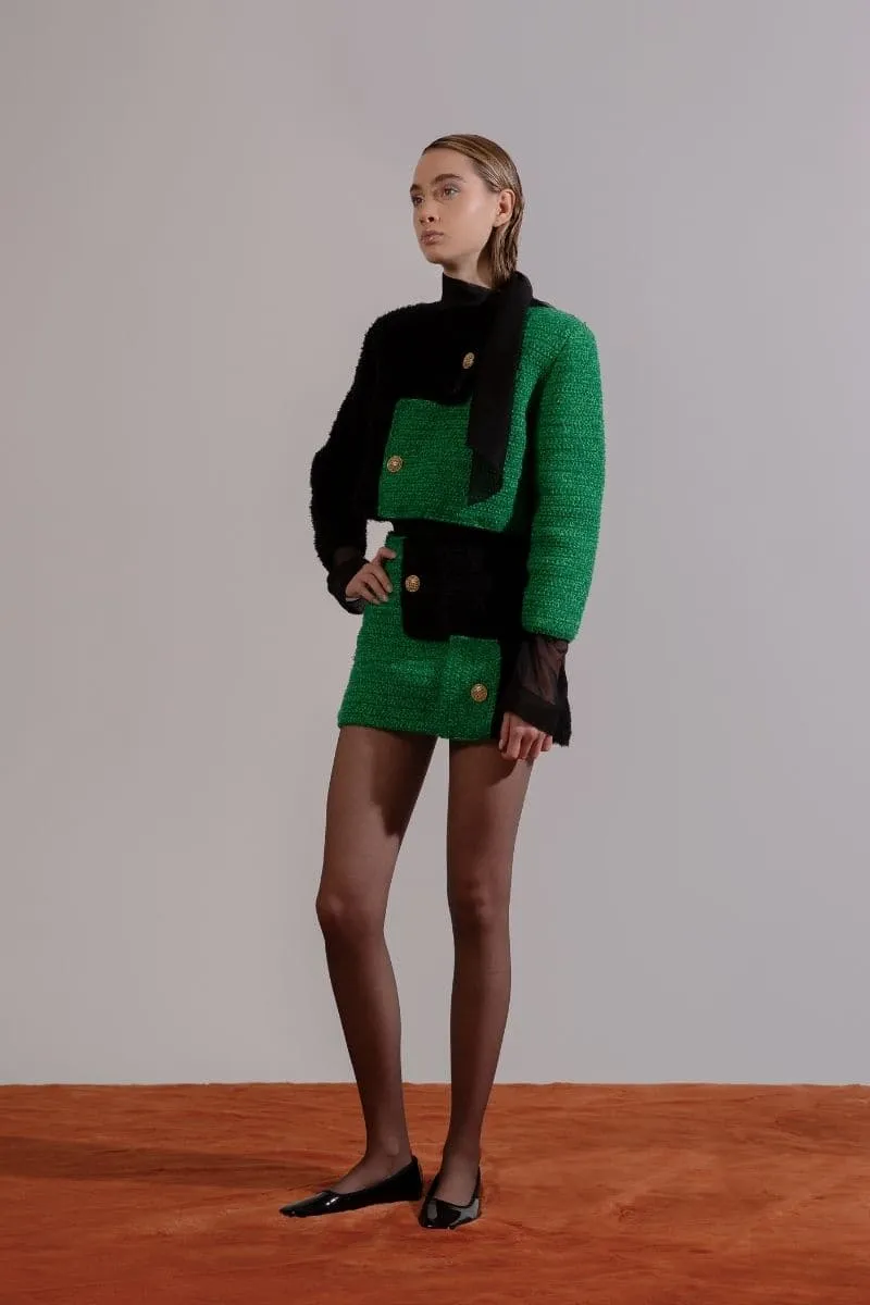 BRIJY GREEN COLOR BLOCK MINI SKIRT