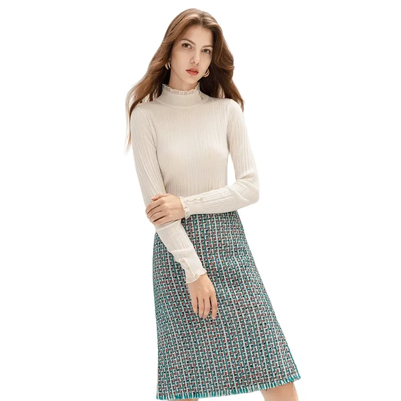 C153 Women tweed plaid fringed hem A-line midi skirt