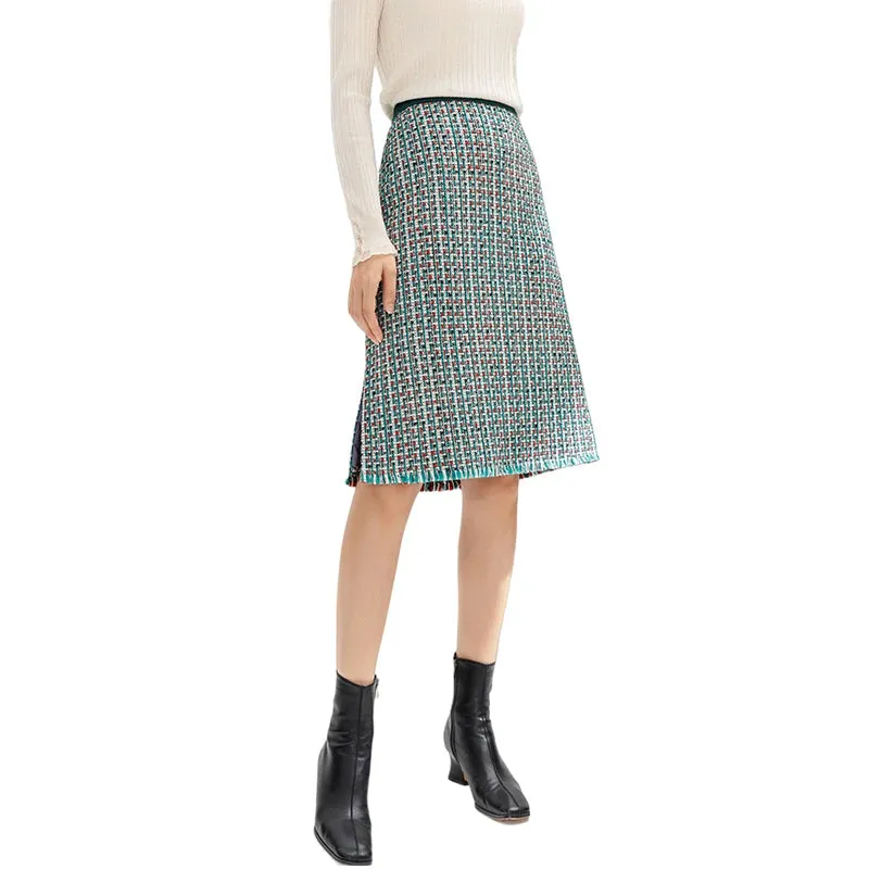 C153 Women tweed plaid fringed hem A-line midi skirt