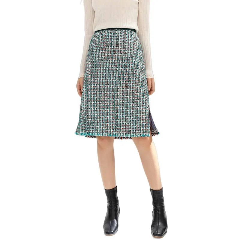 C153 Women tweed plaid fringed hem A-line midi skirt