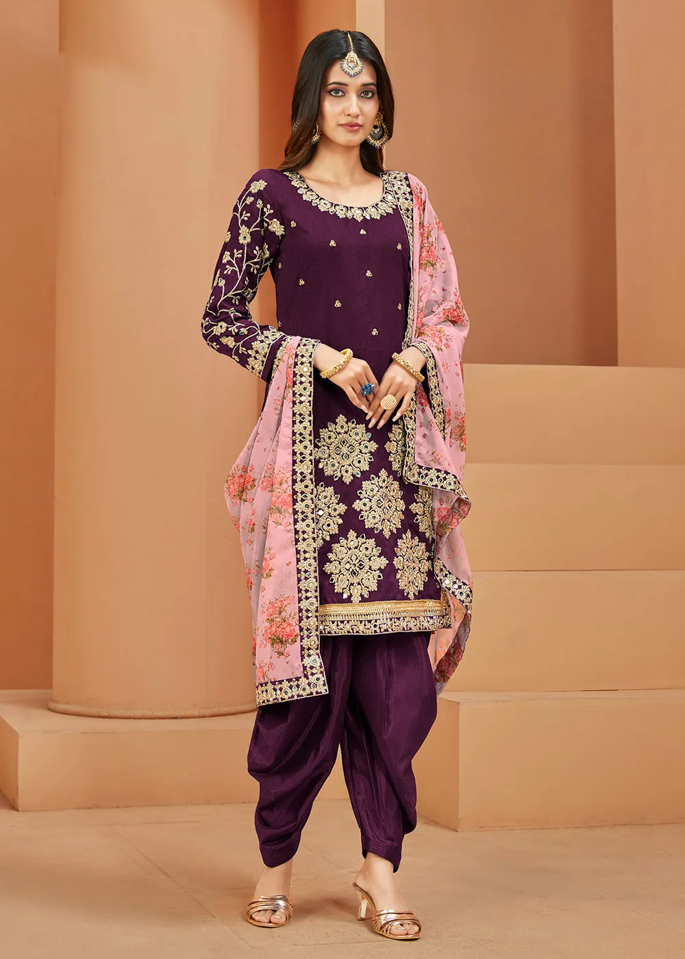 Charming Art Silk Purple Mirror Embroidered Patiala Salwar Kameez