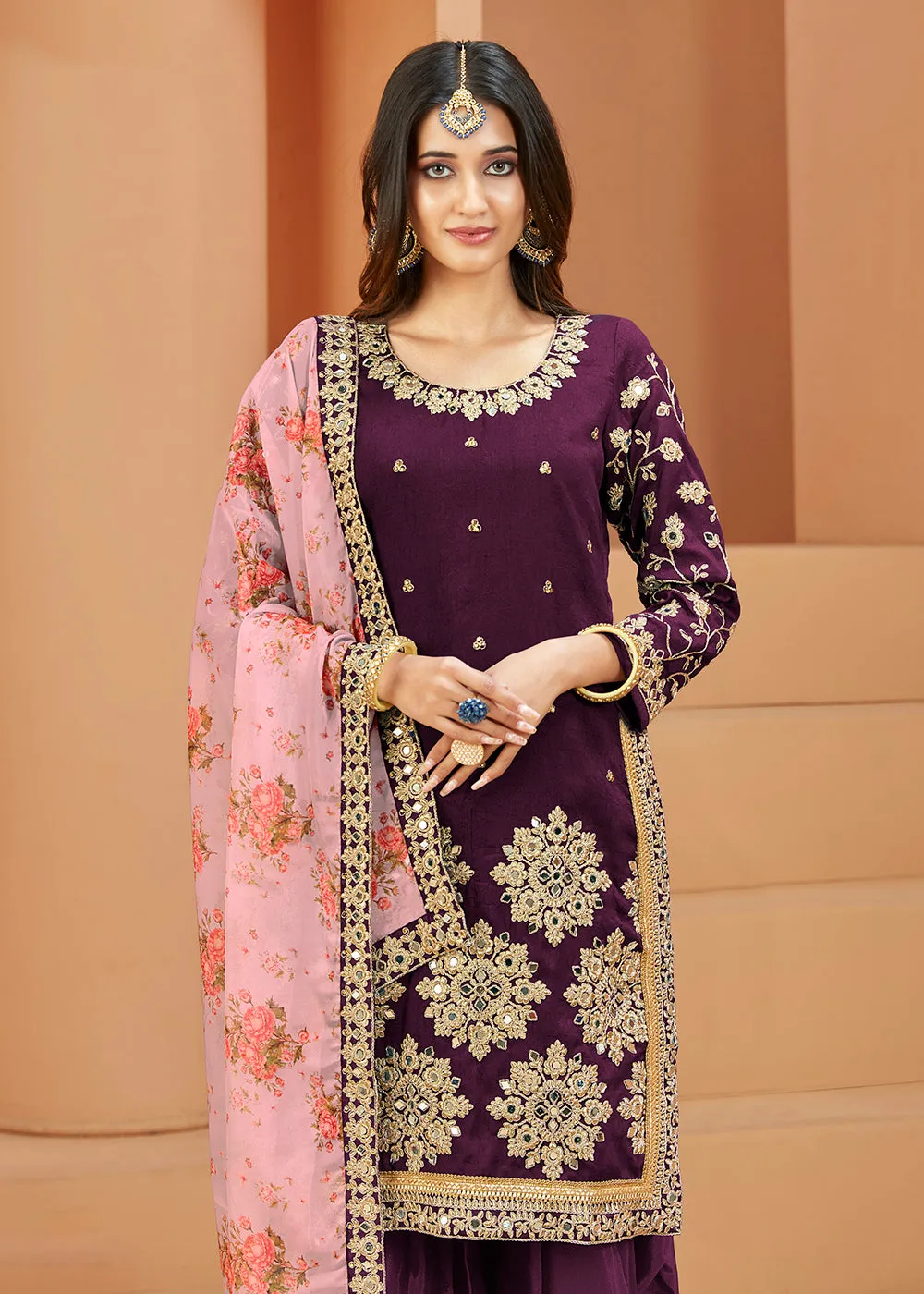 Charming Art Silk Purple Mirror Embroidered Patiala Salwar Kameez