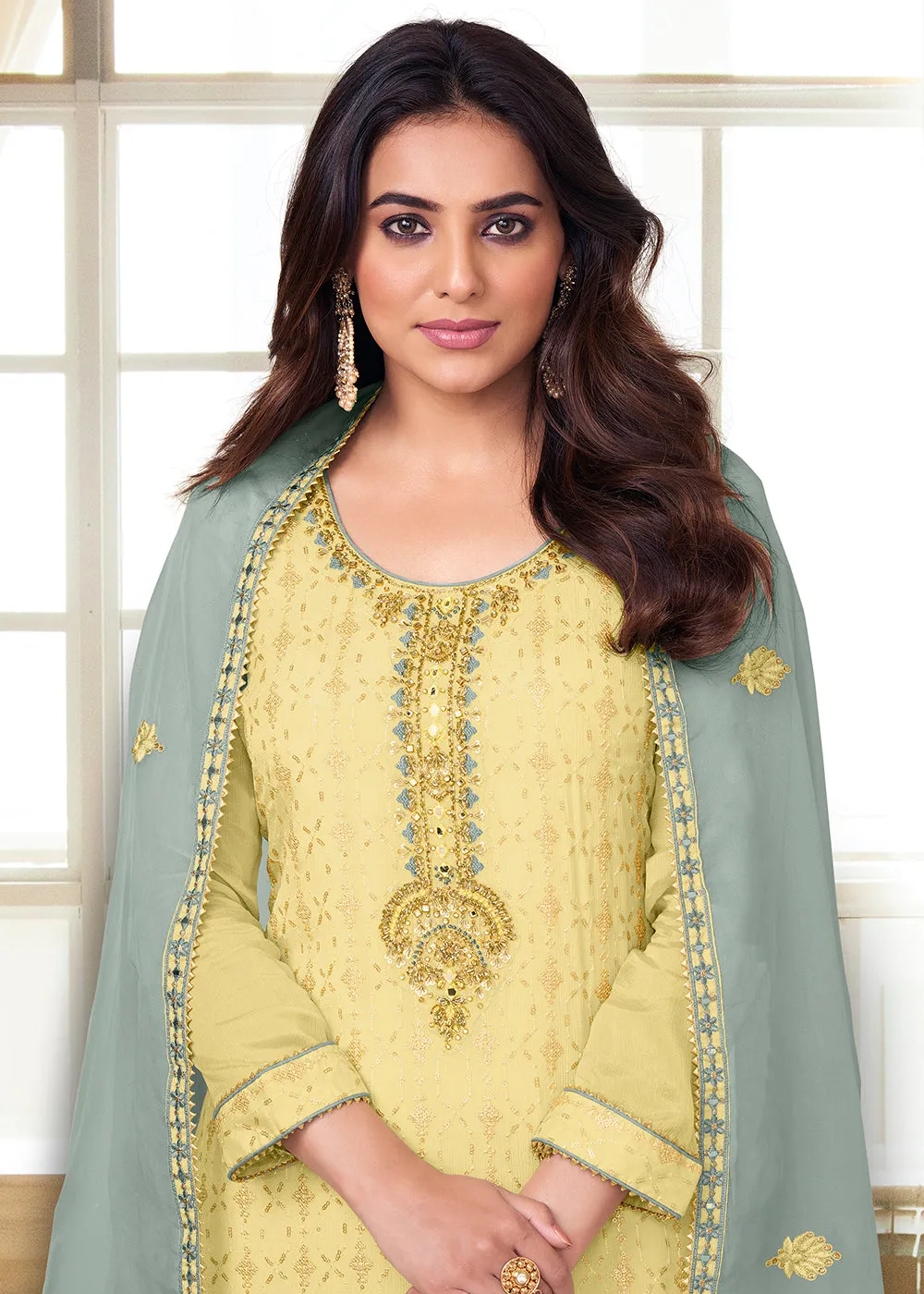 Charming Light Yellow Heavy Chinon Embroidered Palazzo Kurta Set