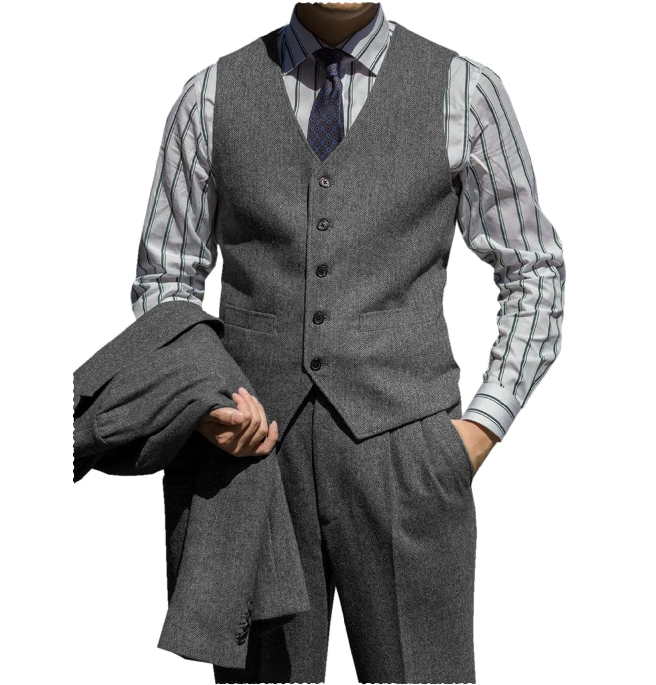 Classic Men’s  Herringbone v Neck 2 Pieces（Waistcoat Pants）