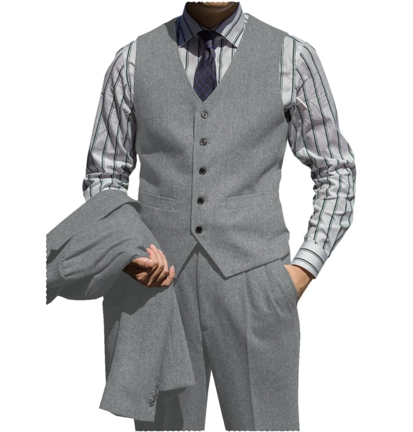 Classic Men’s  Herringbone v Neck 2 Pieces（Waistcoat Pants）