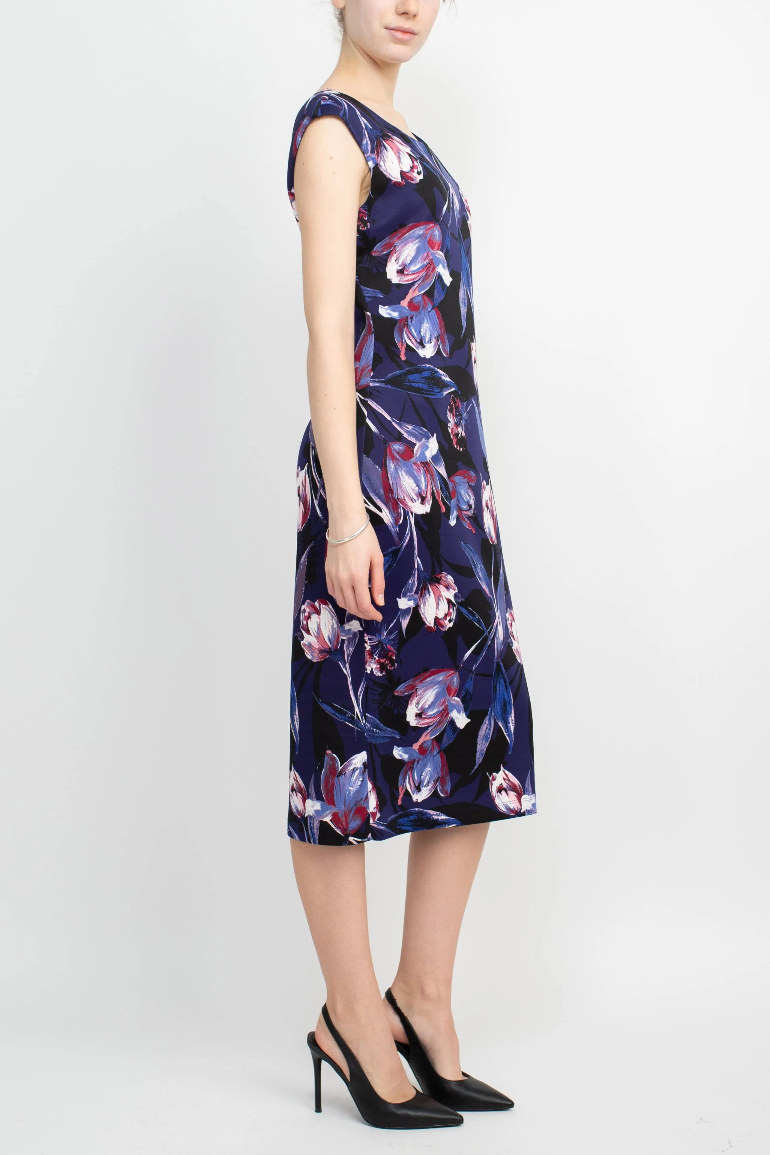 Connected Apparel Scoop Neck Sleeveless Zipper Back Floral Print Scuba Dress