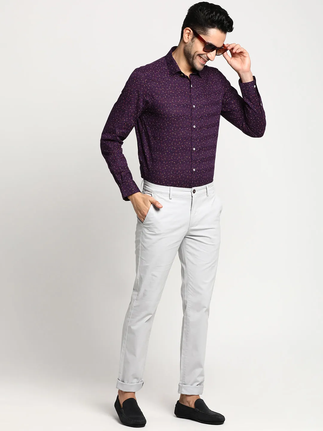 Cotton Purple Slim Fit Printed Formal Shirts