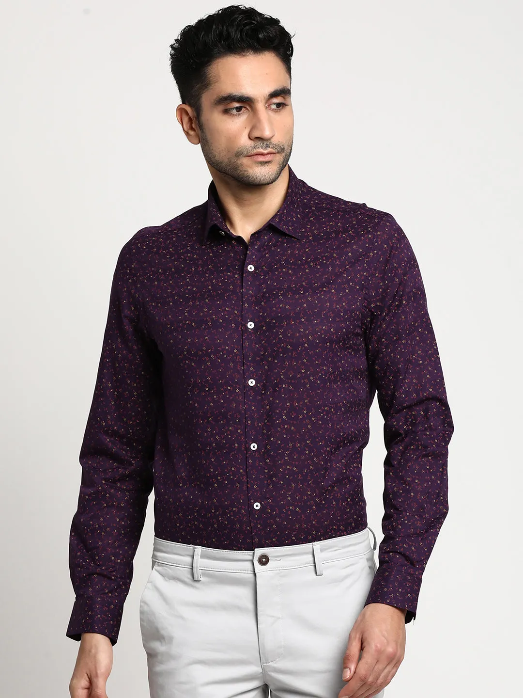 Cotton Purple Slim Fit Printed Formal Shirts