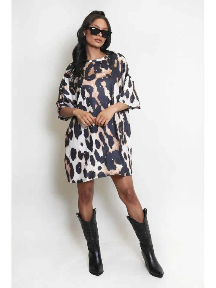 Diamante Leopard Print T-Shirt Dress