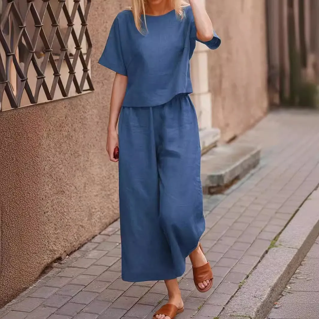 DUNNMALL Cross-Border  New Casual European and American plus Size Suit Loose Solid Color Shirt and Trousers Two-Piece Set