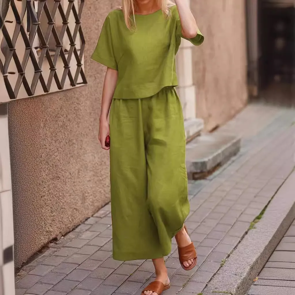 DUNNMALL Cross-Border  New Casual European and American plus Size Suit Loose Solid Color Shirt and Trousers Two-Piece Set