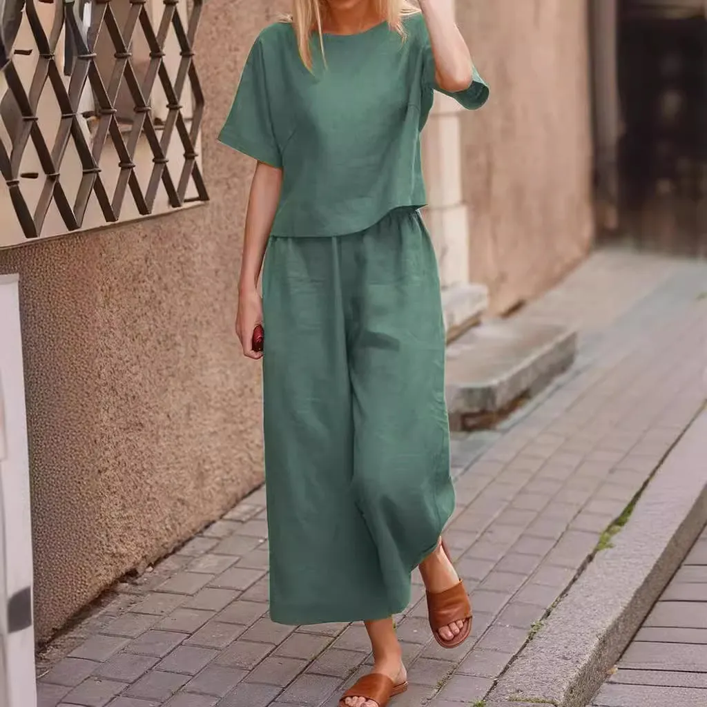 DUNNMALL Cross-Border  New Casual European and American plus Size Suit Loose Solid Color Shirt and Trousers Two-Piece Set