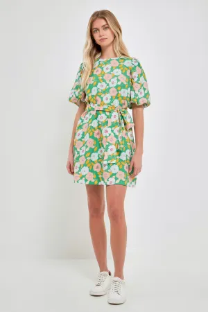 English Factory - Floral belted Puff Sleeve Mini Shift Dress