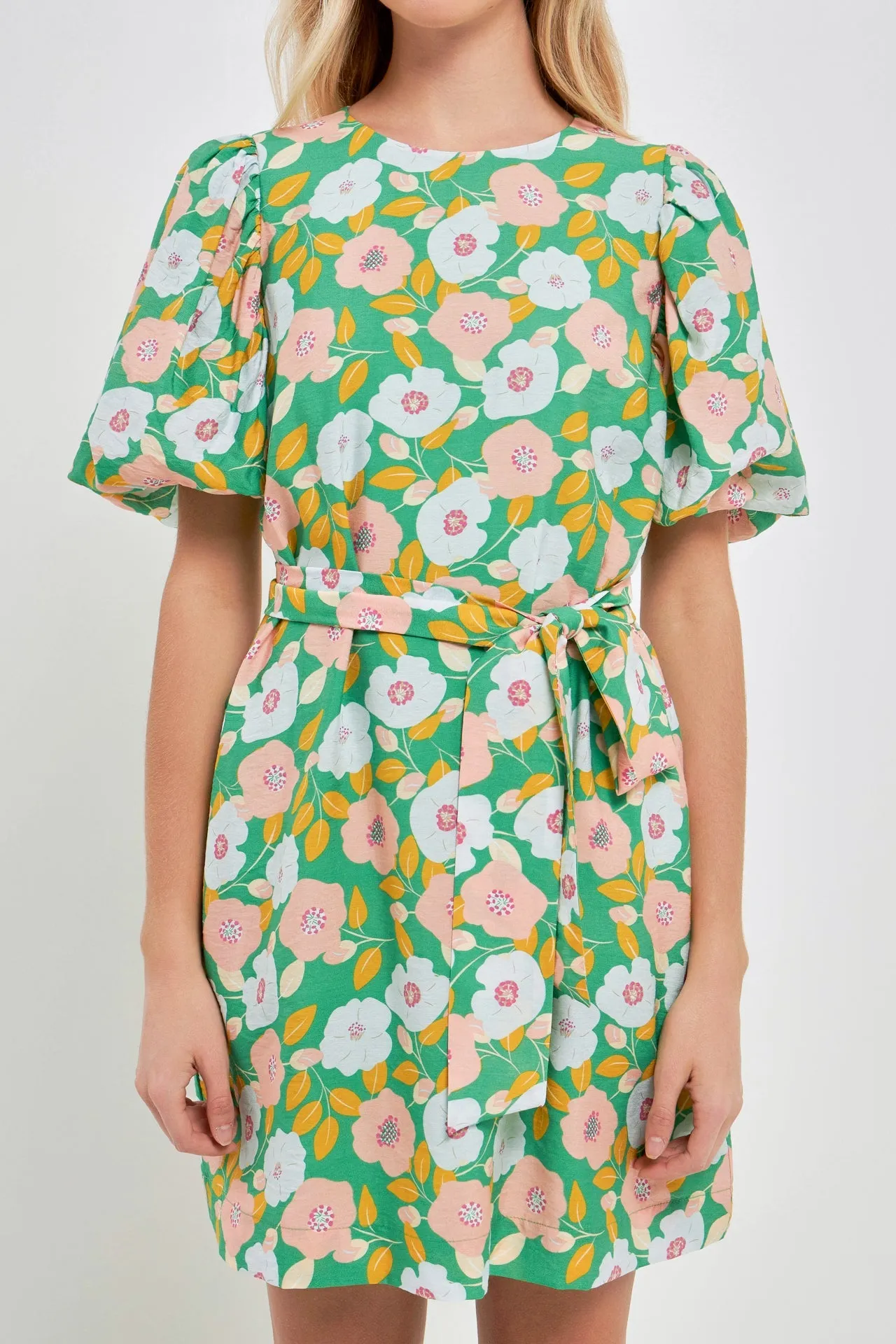 English Factory - Floral belted Puff Sleeve Mini Shift Dress