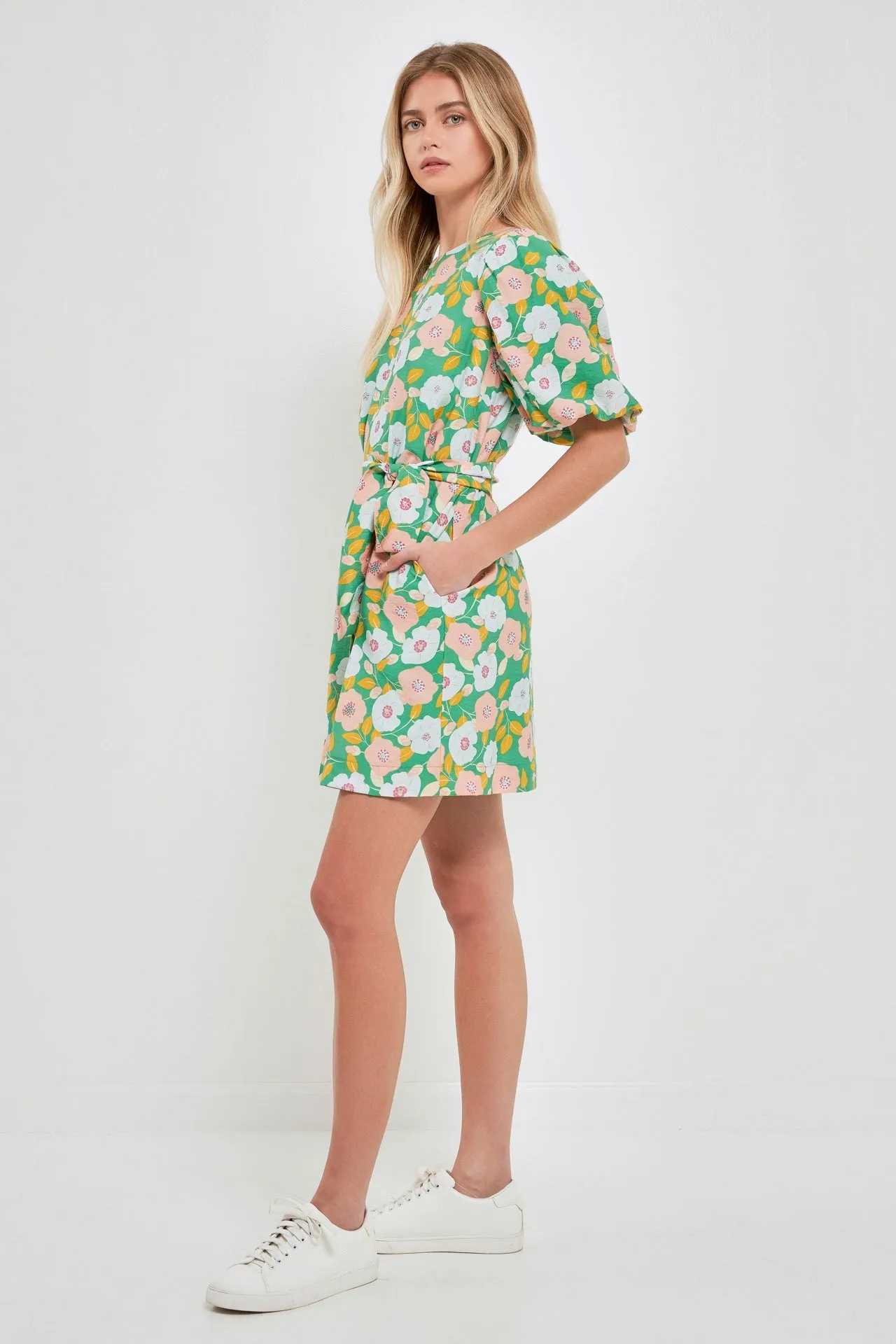 English Factory - Floral belted Puff Sleeve Mini Shift Dress