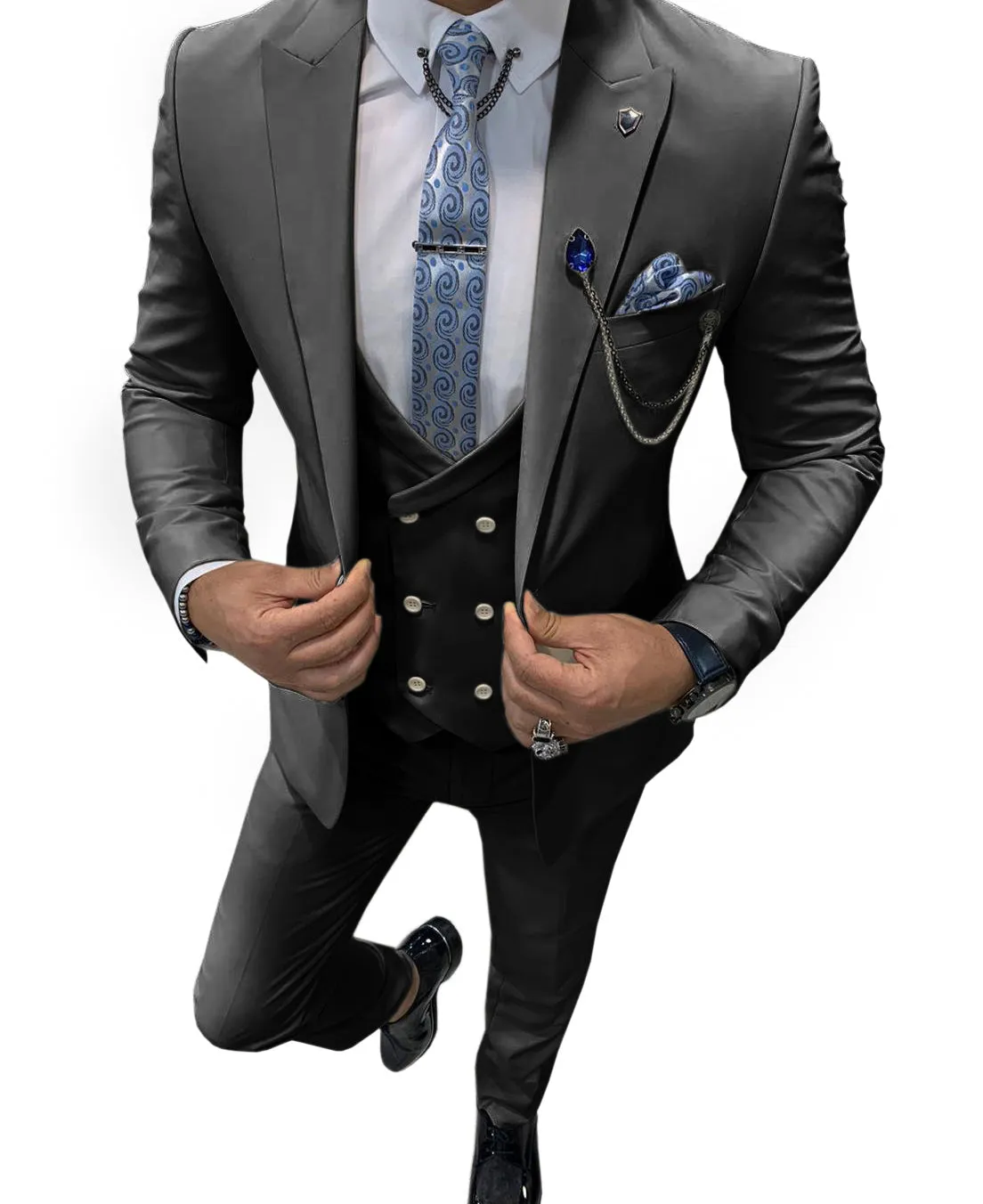 Flat 3 Piece Men's Suit Peak Lapel Tuxedos (Blazer   Vest   Pants)