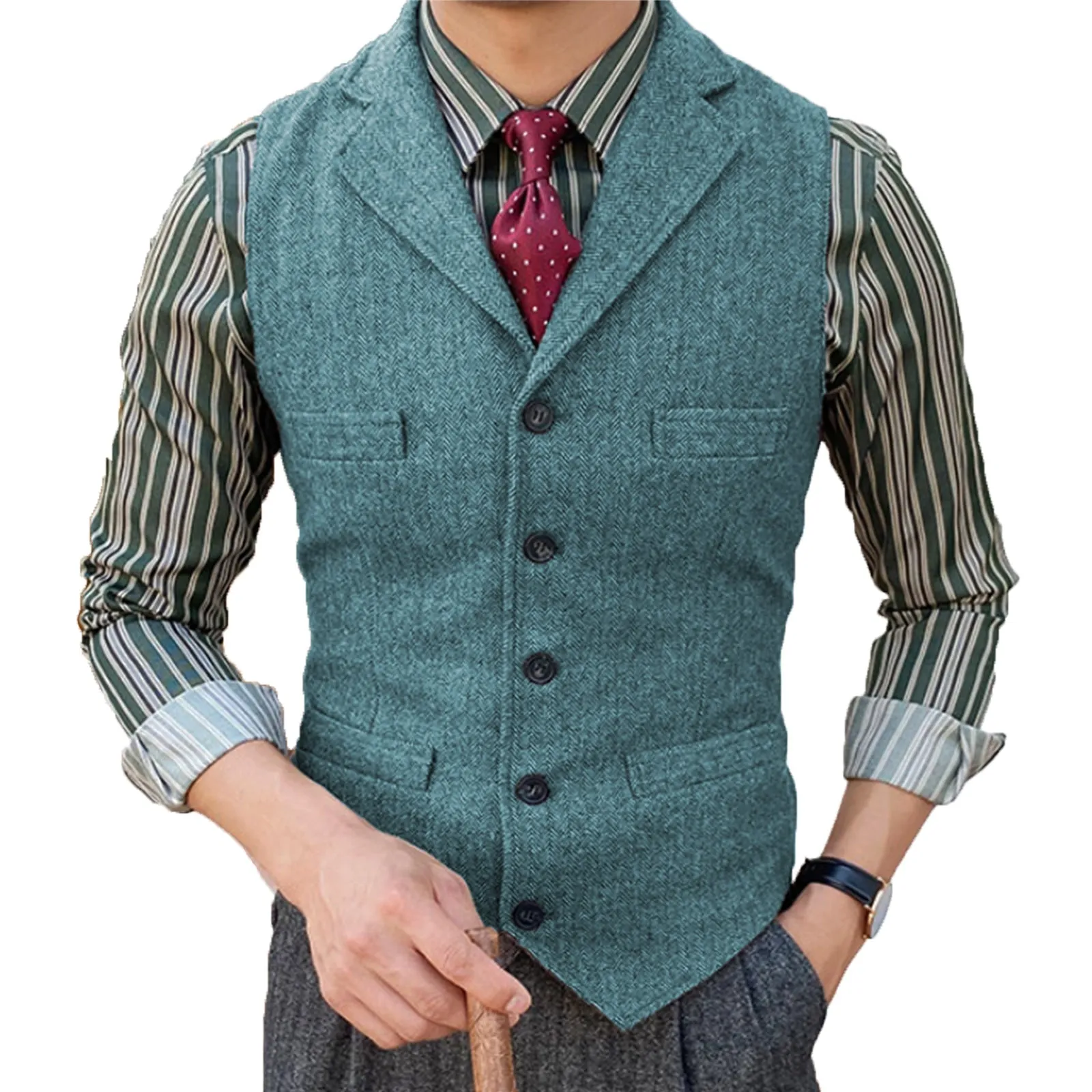 Formal Men's Suit Vest Herringbone Notch Lapel Waistcoat